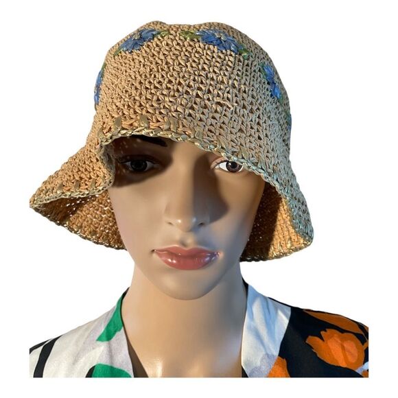 Women’s Beige Woven Paper Hat with Light Blue Flowers One Size Fits Most 12x8in - Picture 12 of 16